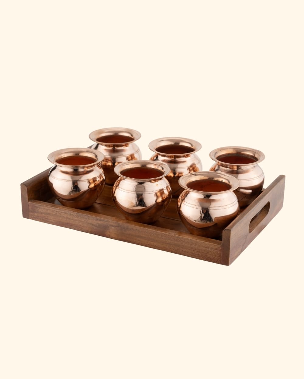 Copper Classic Kalash 6 Pcs Glossy with Teak Wood Tray