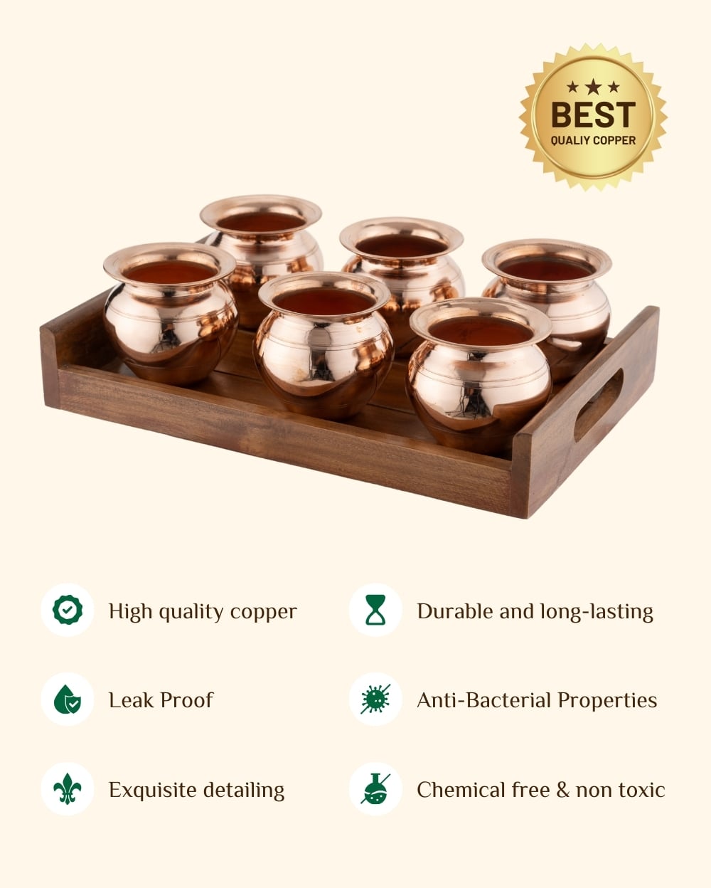 Copper Classic Kalash 6 Pcs Glossy with Teak Wood Tray