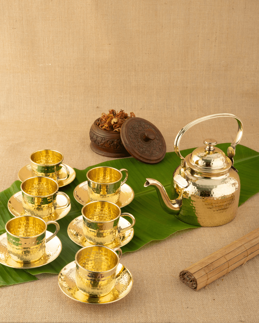 Brass Signature Cup Saucer Set Hammered with Kettle