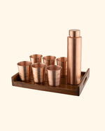 Copper Crest Glass Set of 6 with Luxe Bottle 1L + Teak Wood Tray