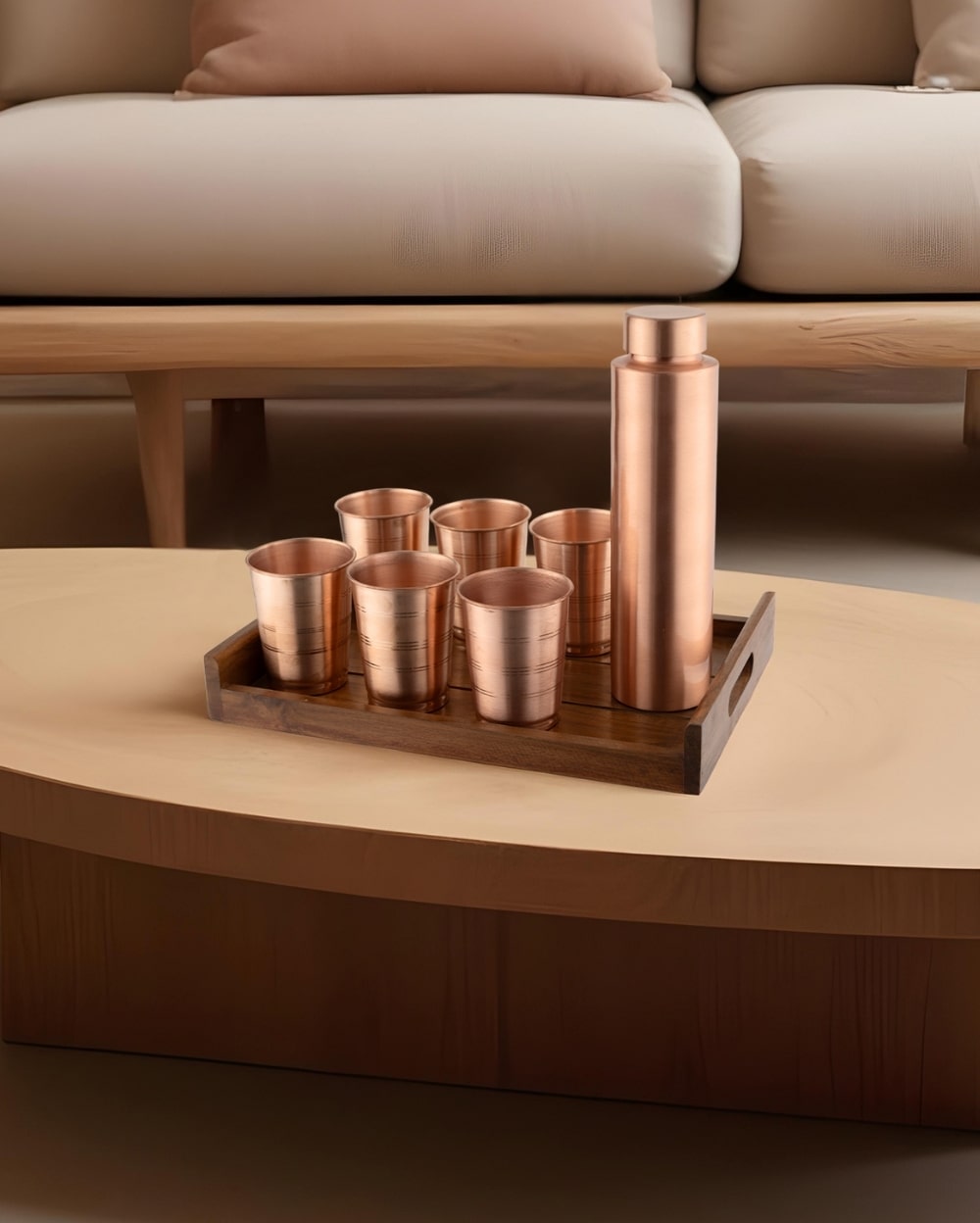 Copper Crest Glass Set of 6 with Luxe Bottle 1L + Teak Wood Tray