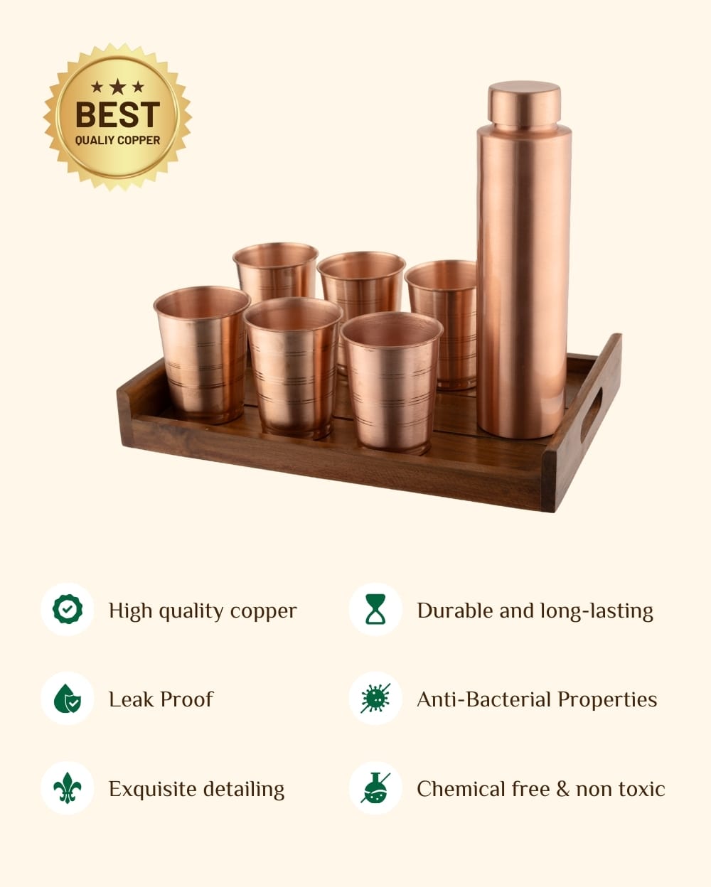 Copper Crest Glass Set of 6 with Luxe Bottle 1L + Teak Wood Tray