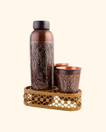 Copper Luxe Antique Bottle & 2 Pcs Glass Set With Metal Stand