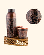 Copper Luxe Antique Bottle & 2 Pcs Glass Set With Metal Stand