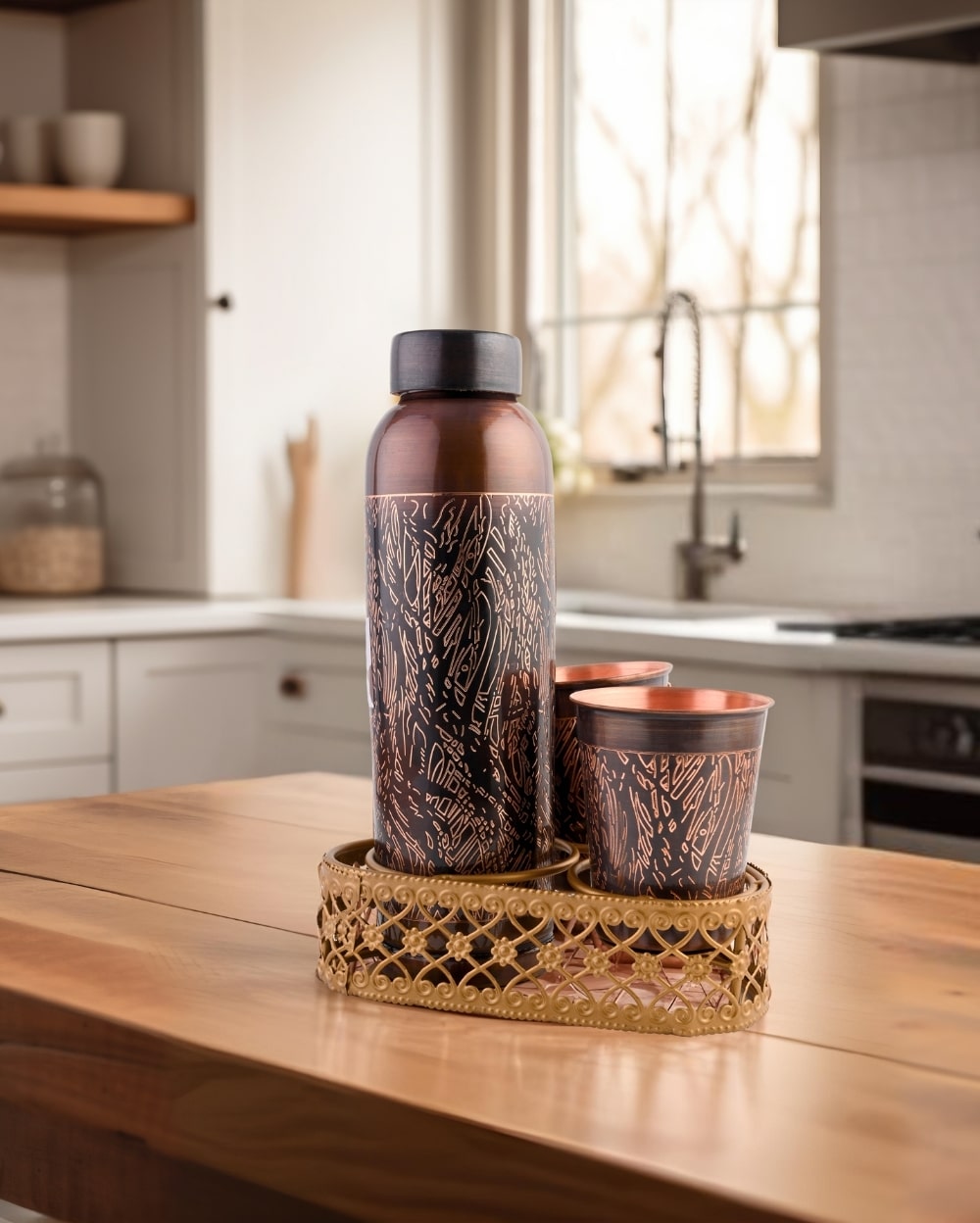 Copper Luxe Antique Bottle & 2 Pcs Glass Set With Metal Stand