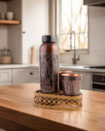 Copper Luxe Antique Bottle & 2 Pcs Glass Set With Metal Stand