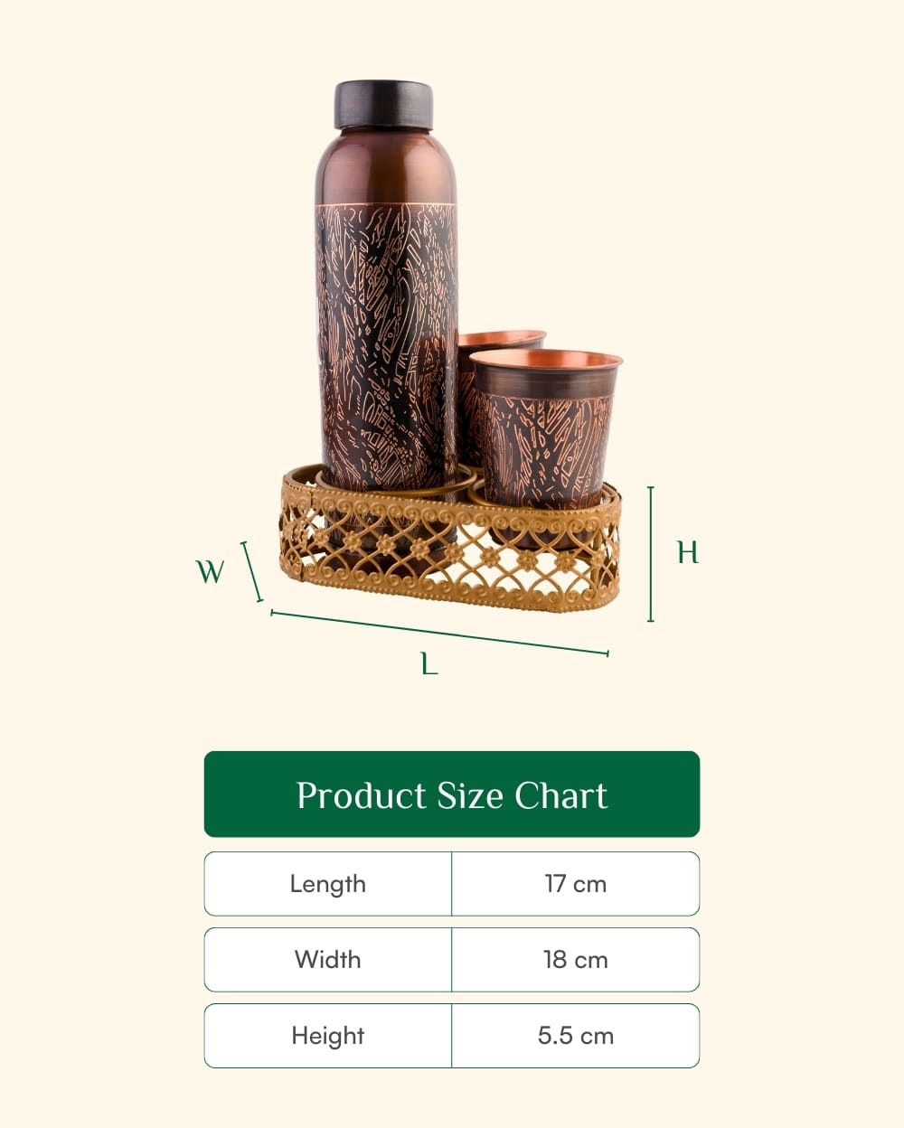 Copper Luxe Antique Bottle & 2 Pcs Glass Set With Metal Stand
