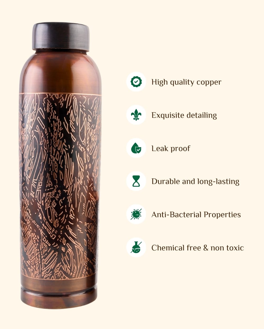Copper Luxe Antique Bottle & 2 Pcs Glass Set With Metal Stand