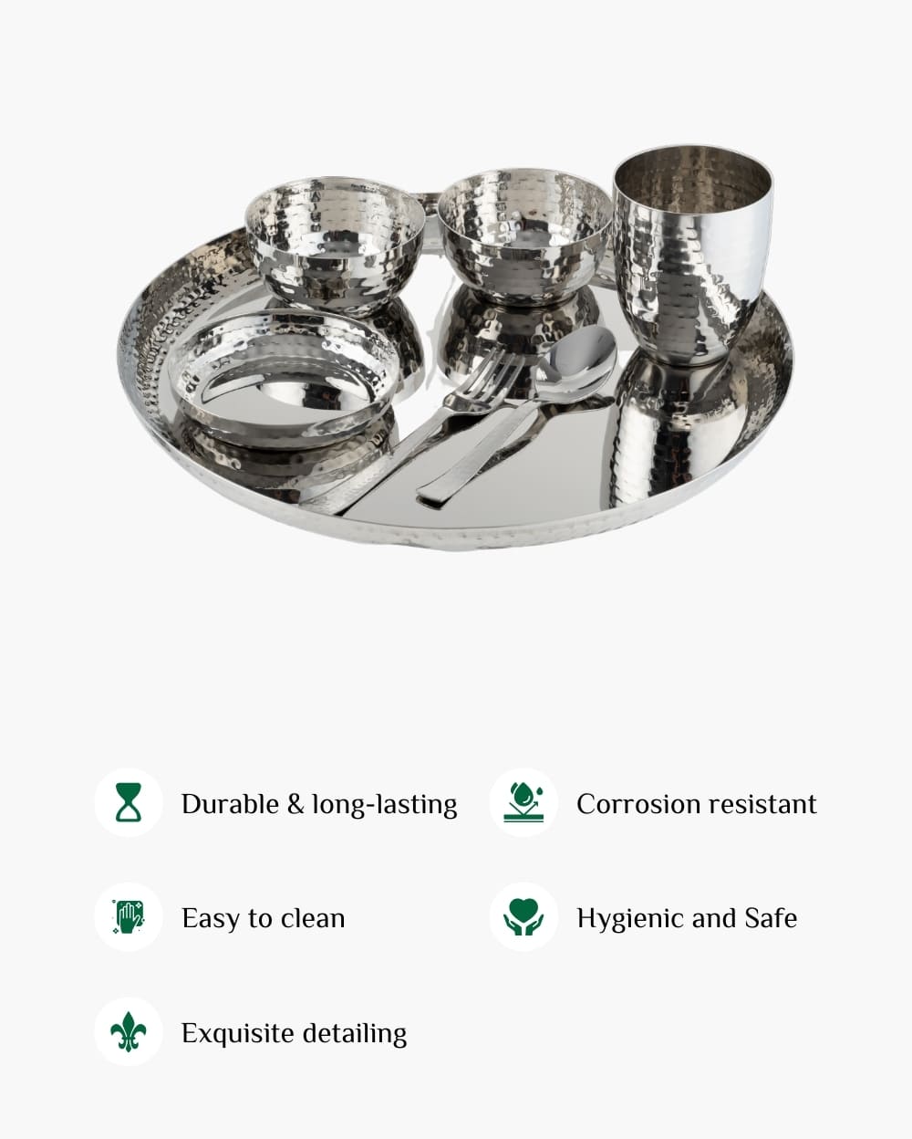 Steel Gleam Hammered Thali/Dinner Set 7 Items