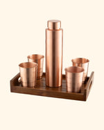 Copper Crest Glass Set of 4 with Luxe Bottle 1L + Teak Wood Tray