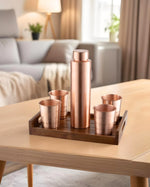 Copper Crest Glass Set of 4 with Luxe Bottle 1L + Teak Wood Tray