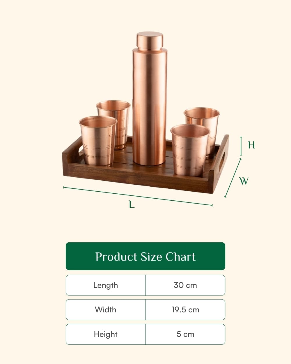 Copper Crest Glass Set of 4 with Luxe Bottle 1L + Teak Wood Tray