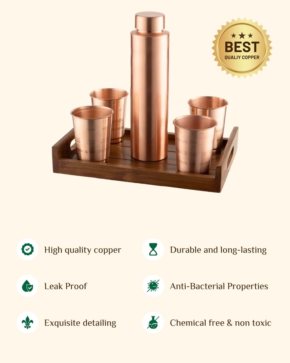 Copper Crest Glass Set of 4 with Luxe Bottle 1L + Teak Wood Tray