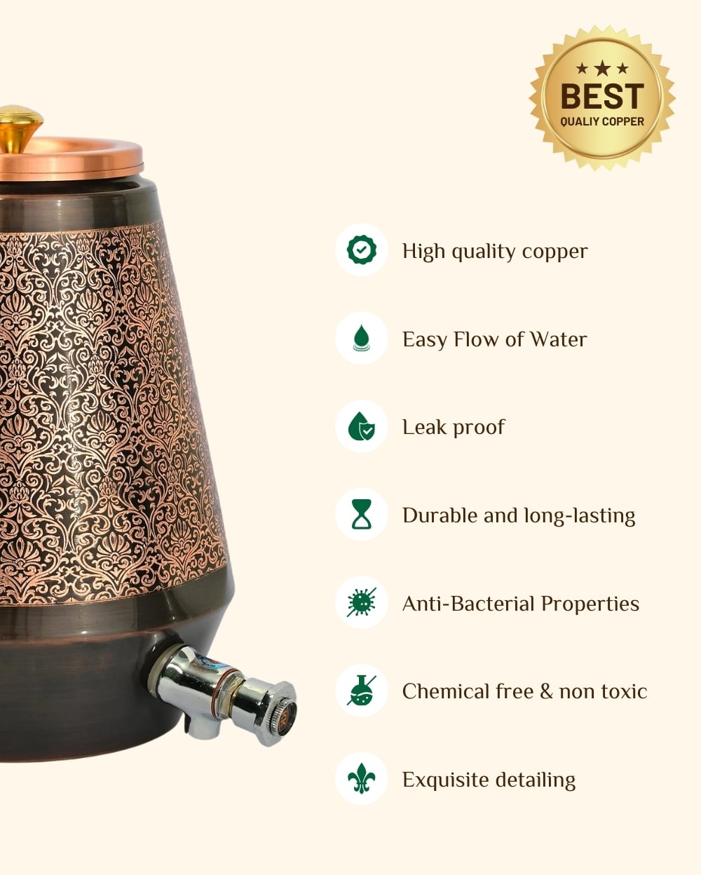 Copper Premium Matka/Waterpot Engraved 5L/10L