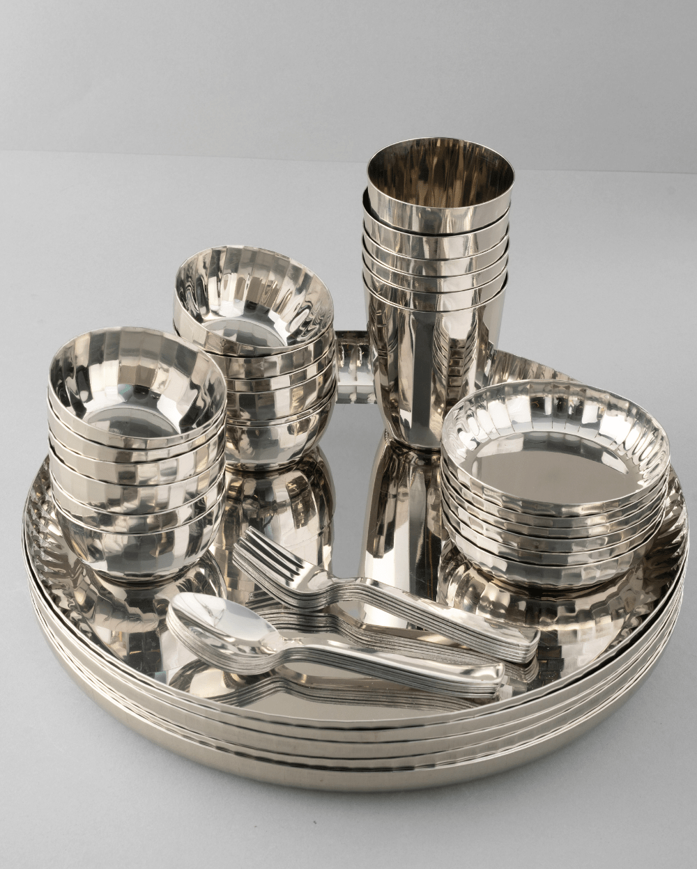 Steel Sparkle Hammered Thali Set 42 Pcs