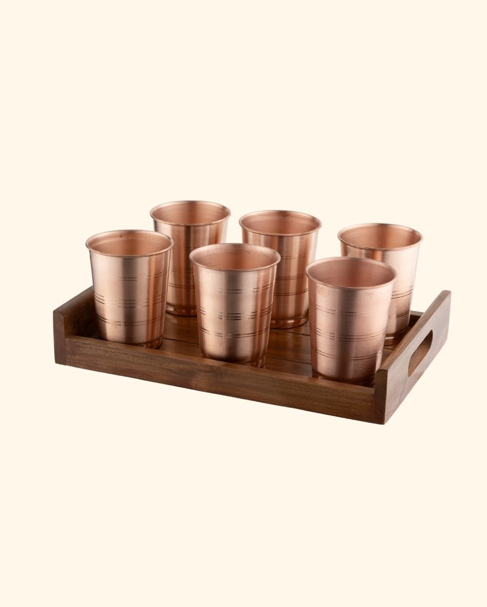 Copper Crest Glass Set of 6 with Teak Wood Tray