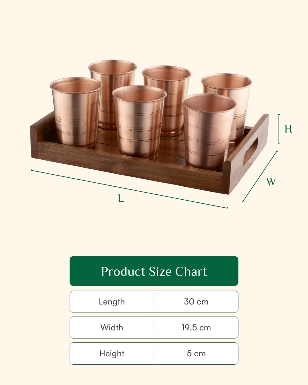 Copper Crest Glass Set of 6 with Teak Wood Tray