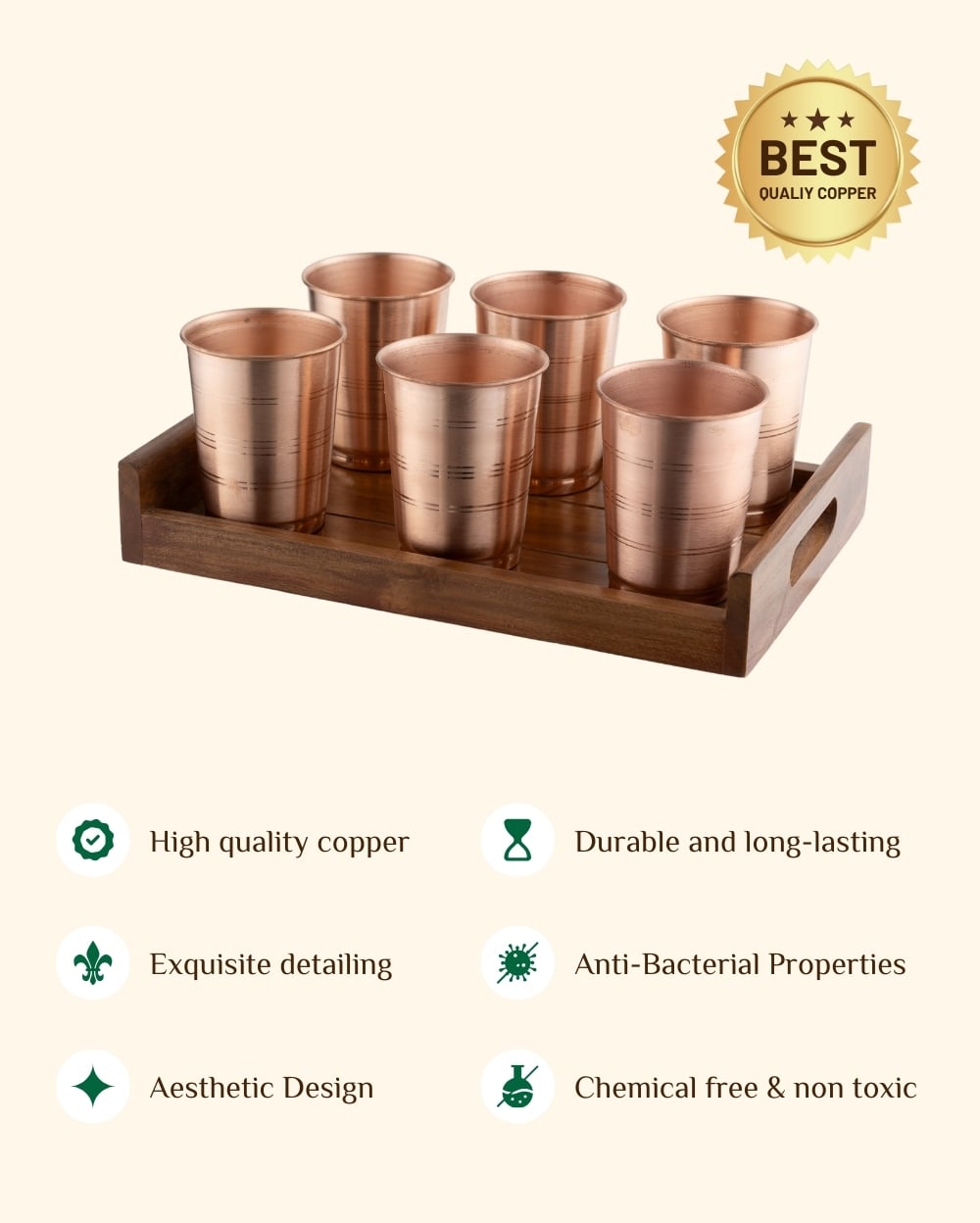 Copper Crest Glass Set of 6 with Teak Wood Tray