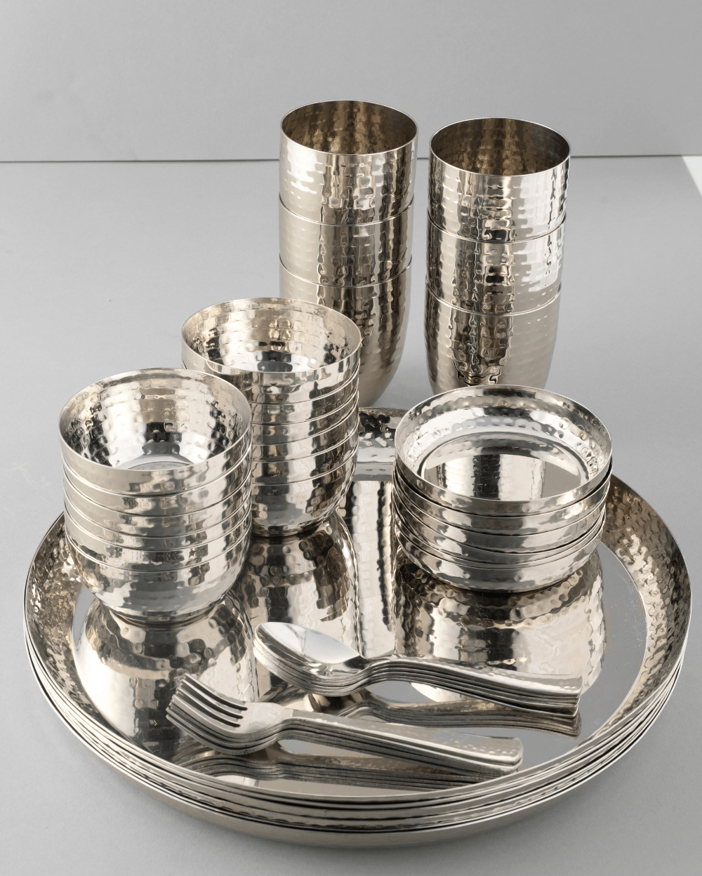 Steel Gleam Hammered Thali Set 42 Pcs