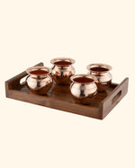 Copper Classic Kalash 4 Pcs Glossy with Teak Wood Tray