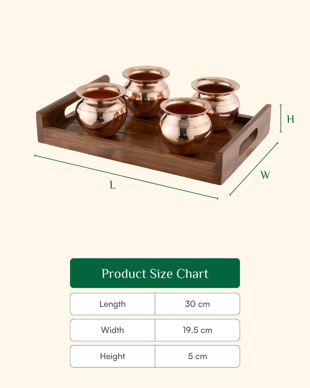 Copper Classic Kalash 4 Pcs Glossy with Teak Wood Tray