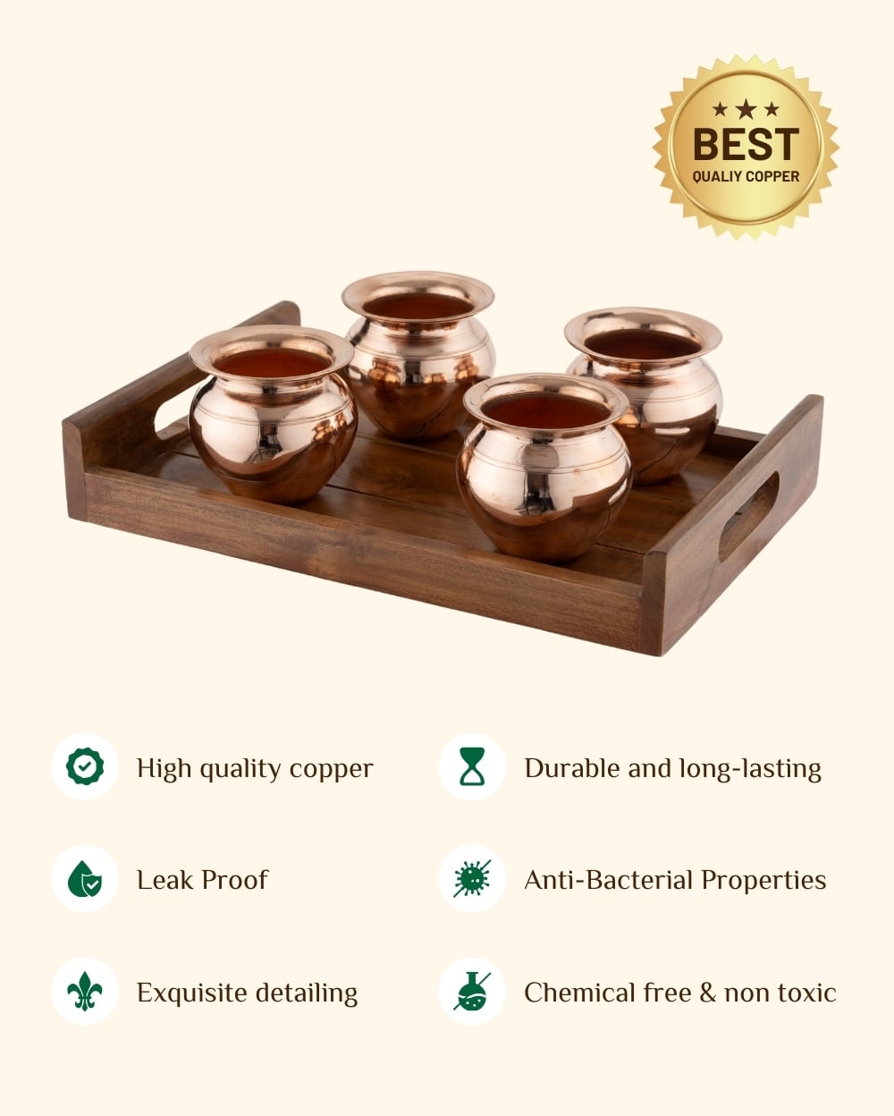 Copper Classic Kalash 4 Pcs Glossy with Teak Wood Tray