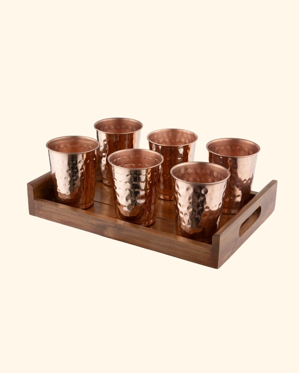 Copper Crest Hammered Glass Set of 6 with Teak Wood Tray