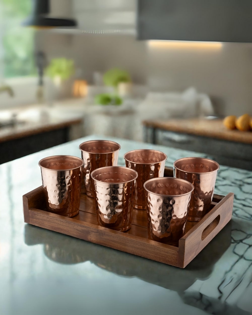 Copper Crest Hammered Glass Set of 6 with Teak Wood Tray