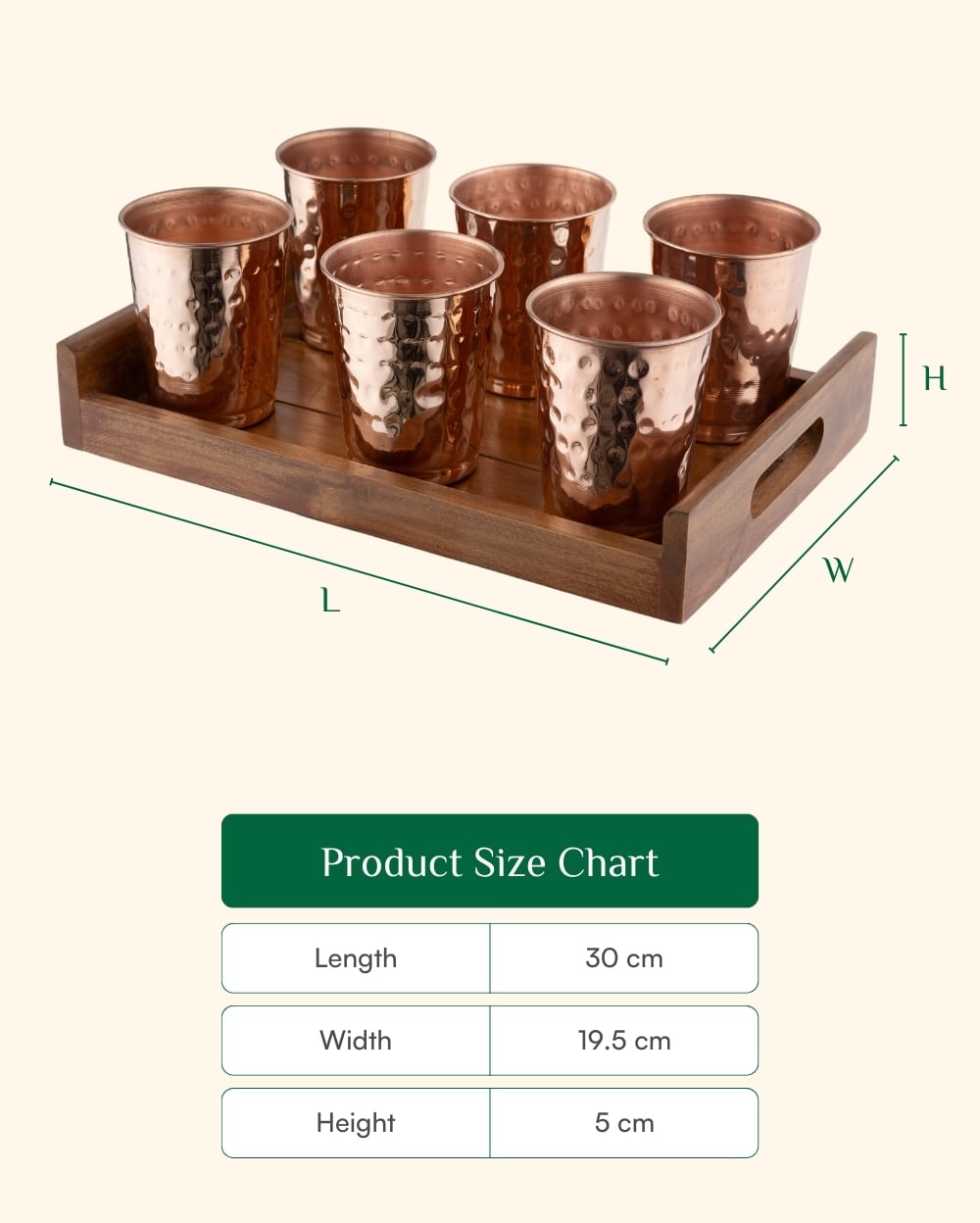 Copper Crest Hammered Glass Set of 6 with Teak Wood Tray