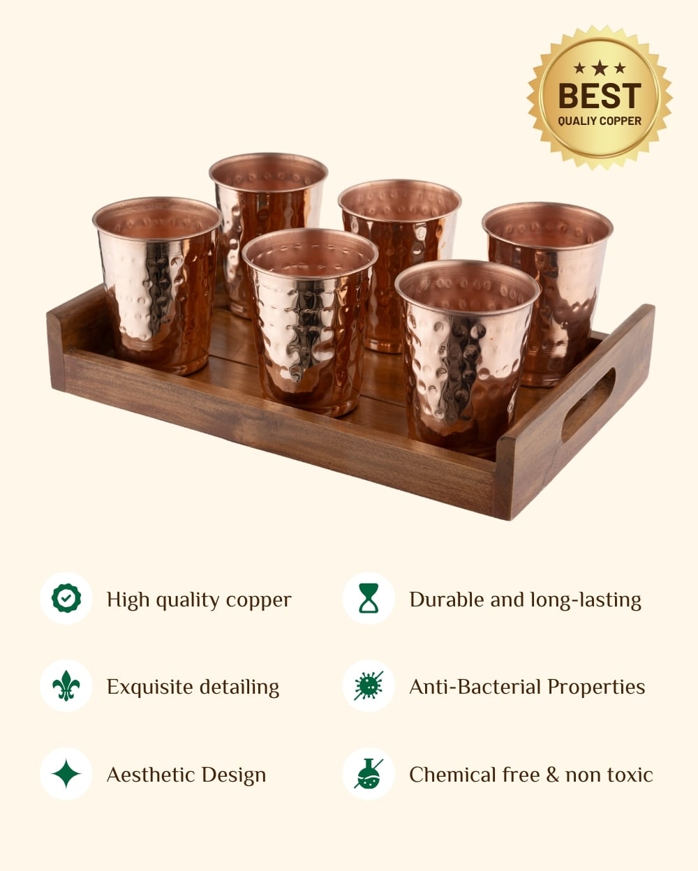 Copper Crest Hammered Glass Set of 6 with Teak Wood Tray