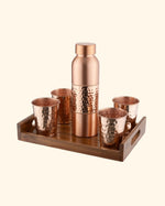 Copper Crest Hammered Glass Set of 4 with Luxe Hammered Bottle+ Teak Wood Tray