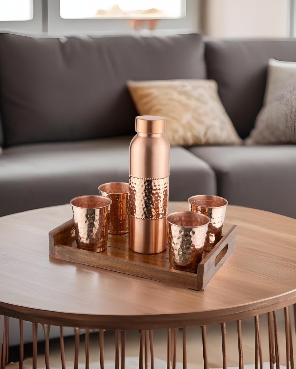 Copper Crest Hammered Glass Set of 4 with Luxe Hammered Bottle+ Teak Wood Tray