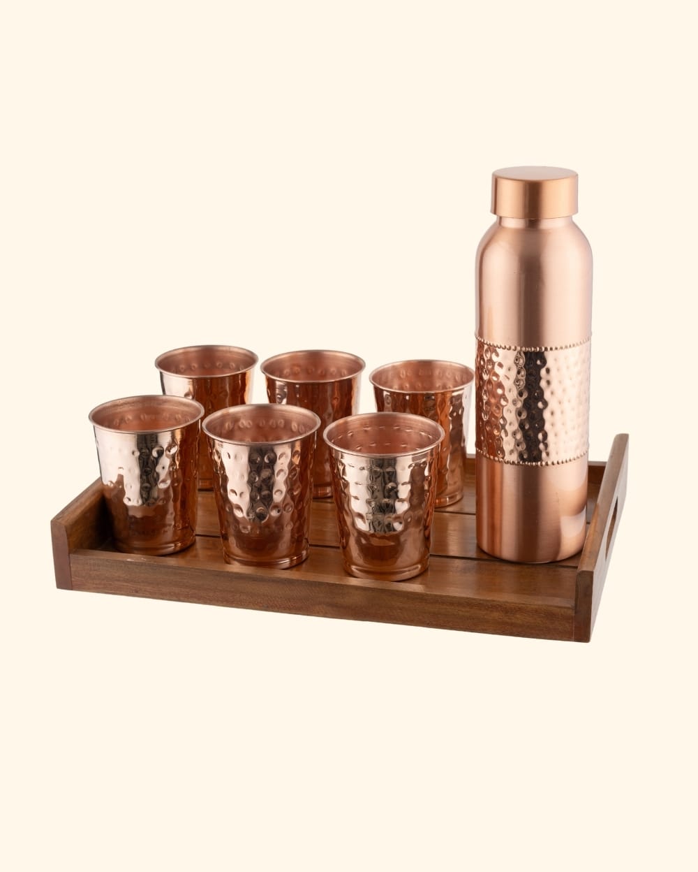 Copper Crest Hammered Glass Set of 6 with Luxe Hammered Bottle + Teak Wood Tray