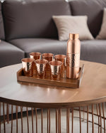 Copper Crest Hammered Glass Set of 6 with Luxe Hammered Bottle + Teak Wood Tray