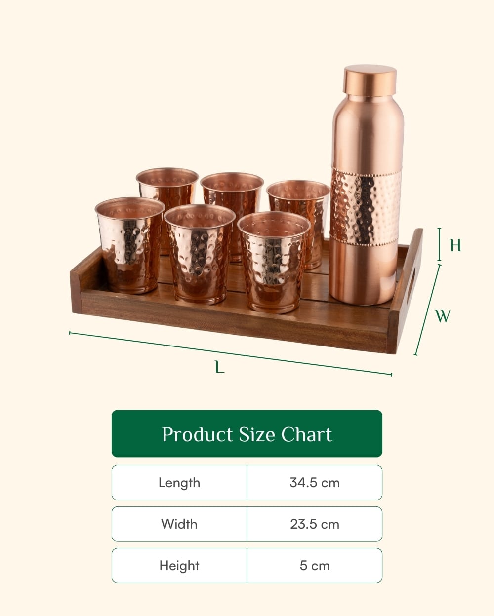 Copper Crest Hammered Glass Set of 6 with Luxe Hammered Bottle + Teak Wood Tray