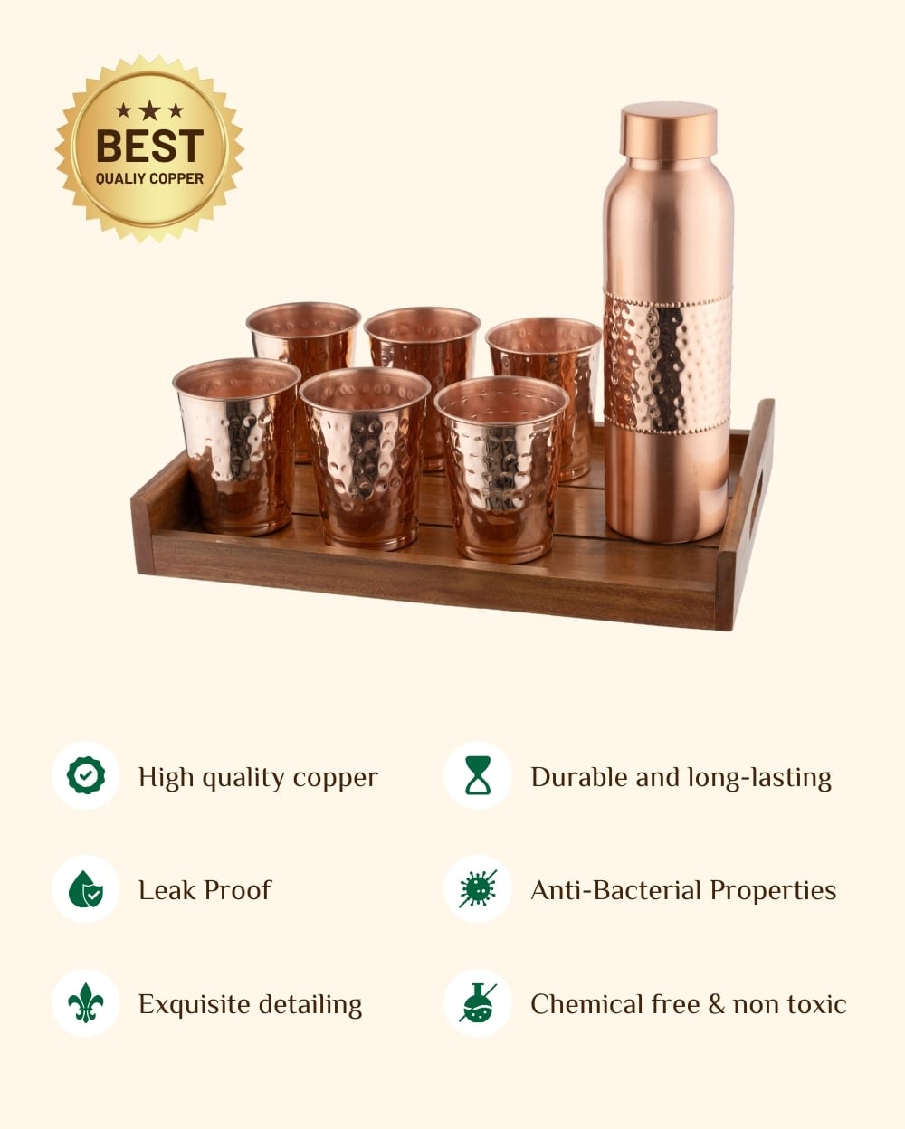 Copper Crest Hammered Glass Set of 6 with Luxe Hammered Bottle + Teak Wood Tray