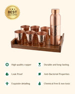 Copper Crest Hammered Glass Set of 6 with Luxe Hammered Bottle + Teak Wood Tray