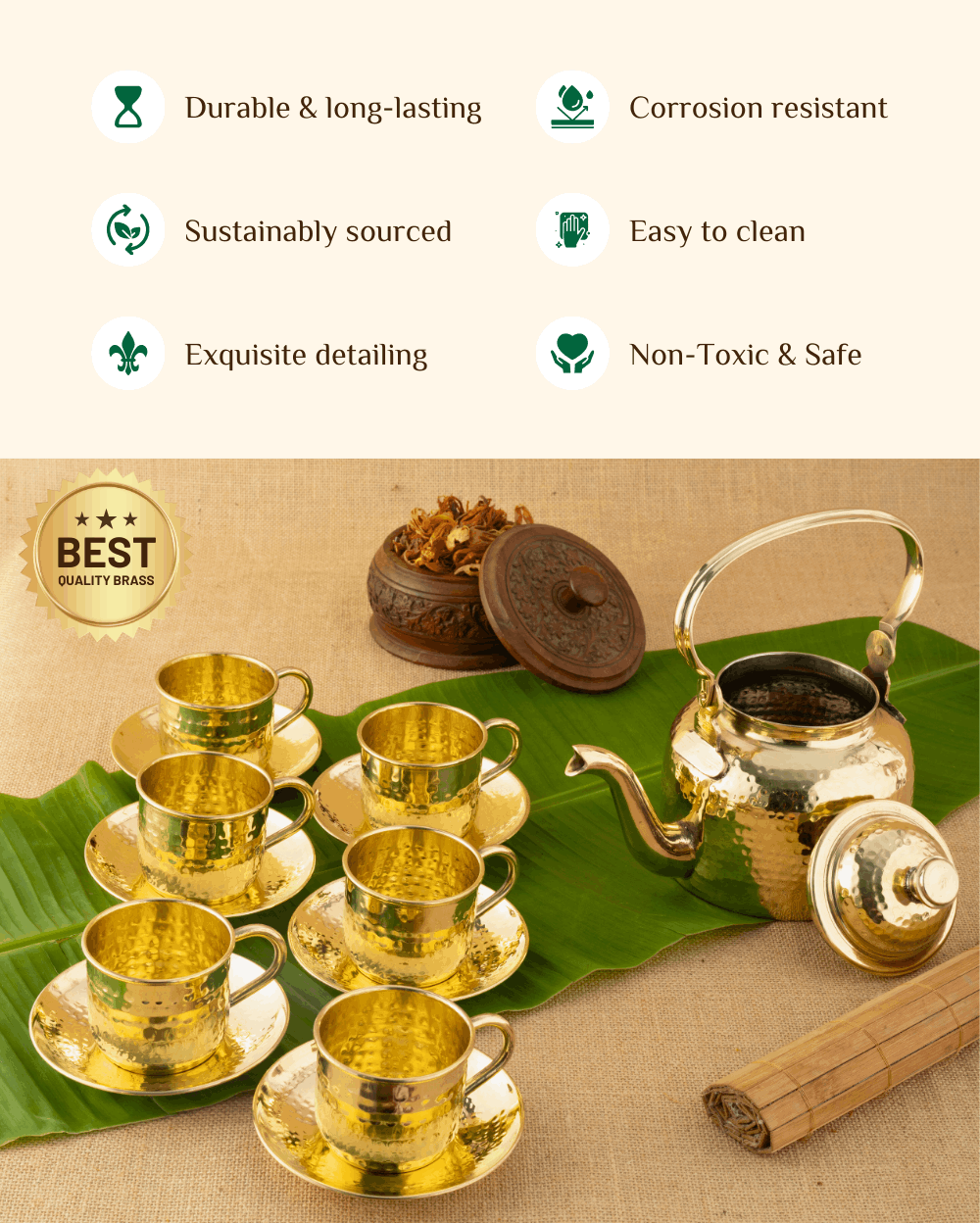 Benefits Of Brass Signature Cup Saucer Set Hammered with Kettle