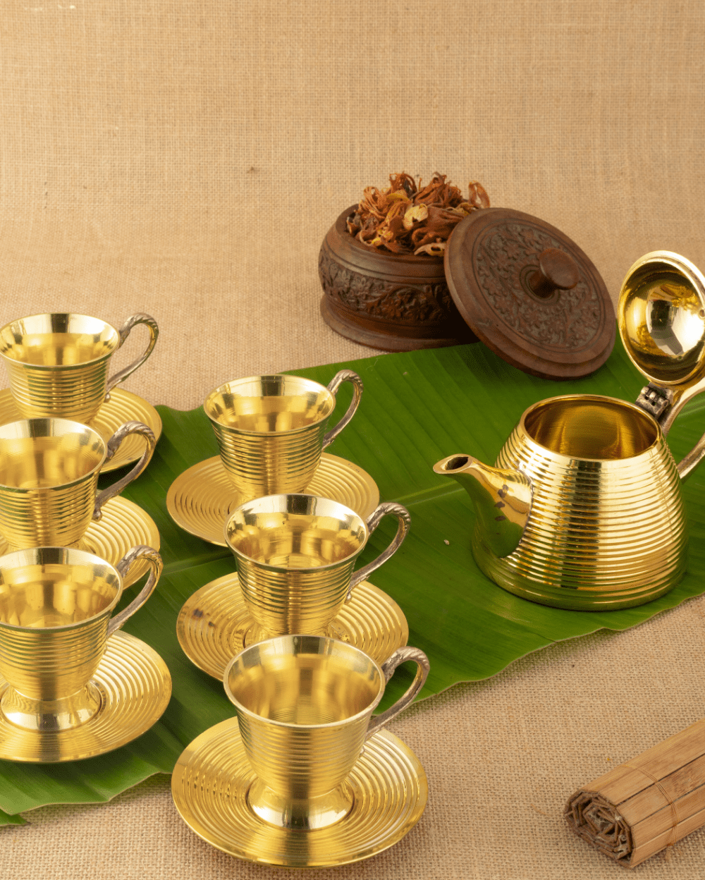 Pure Brass Premium Cup Saucer Set with Kettle