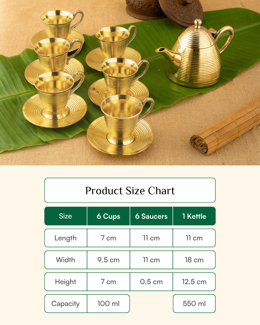 Premium Brass Premium Cup Saucer Set with Kettle