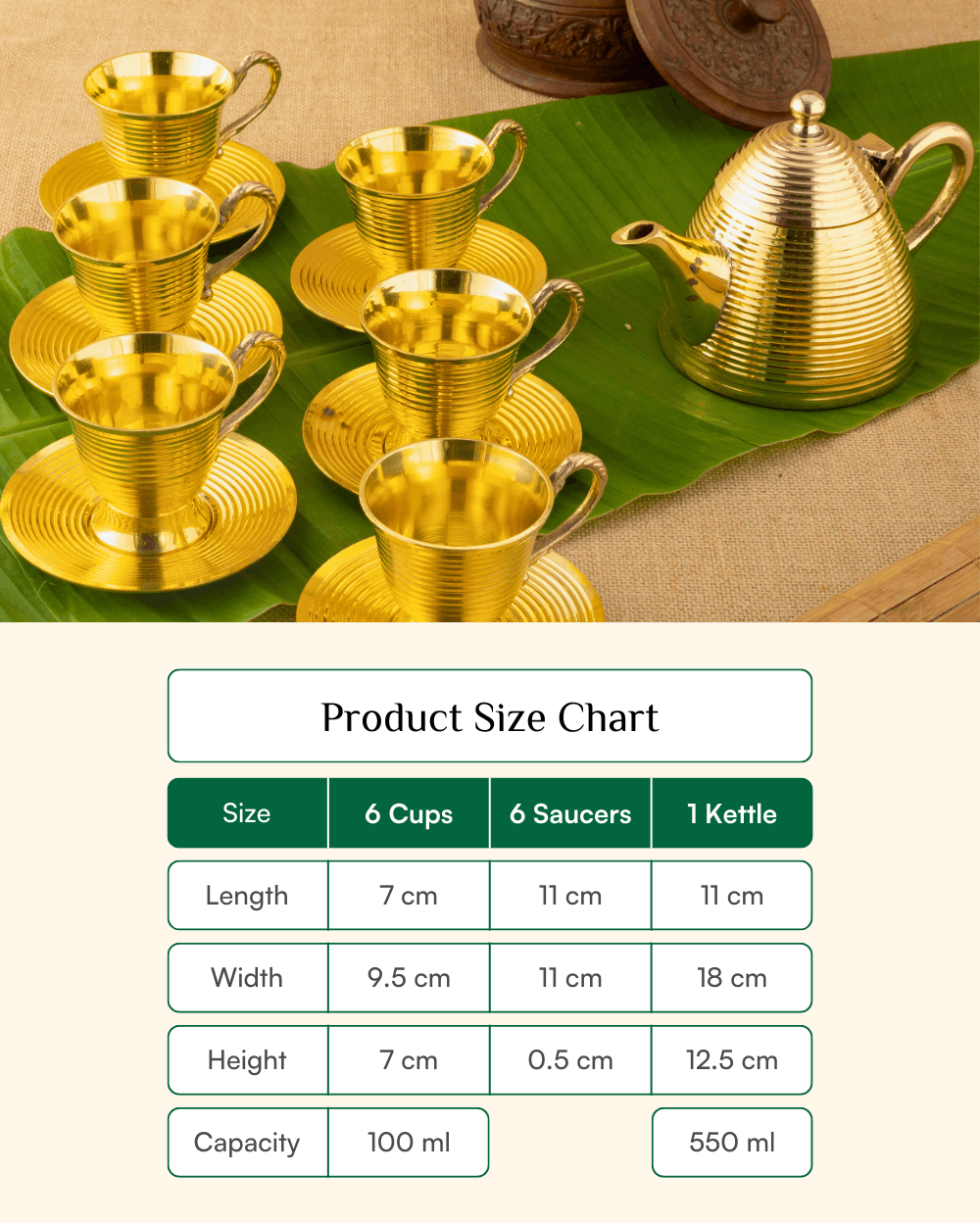 Premium Brass Premium Cup Saucer Set with Kettle
