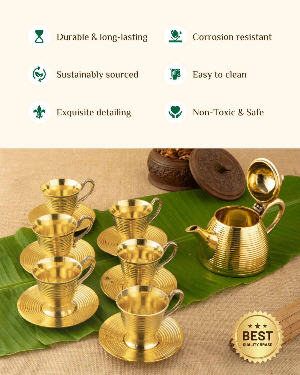Benefits of Brass Premium Cup Saucer Set with Kettle