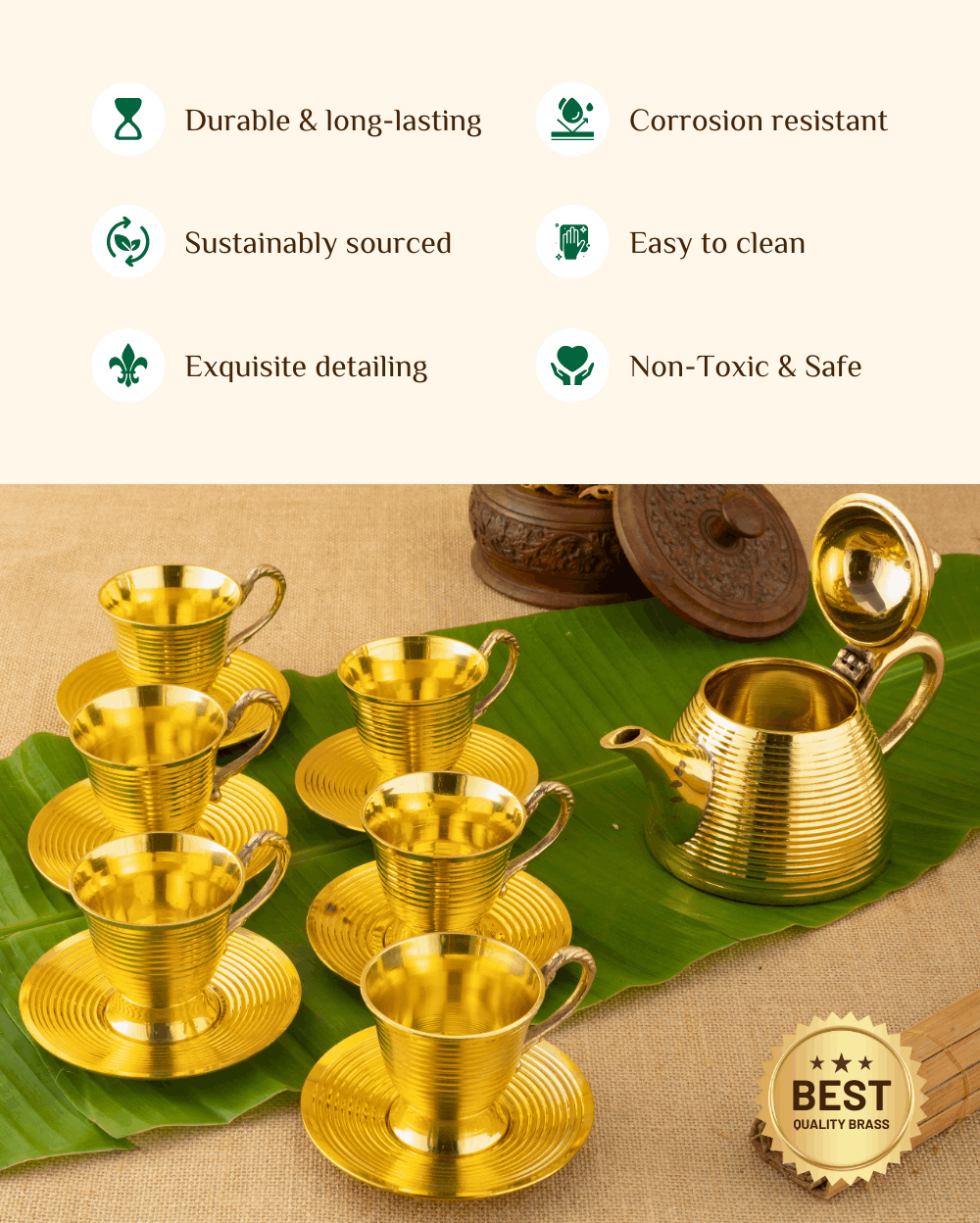 Benefits Of Brass Premium Cup Saucer Set with Kettle