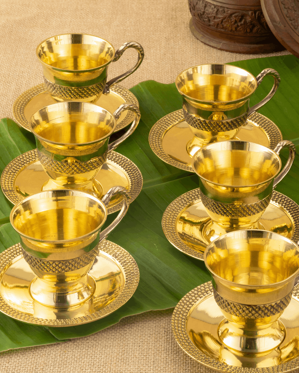 Pure Brass Royal Cup Saucer Set with Kettle