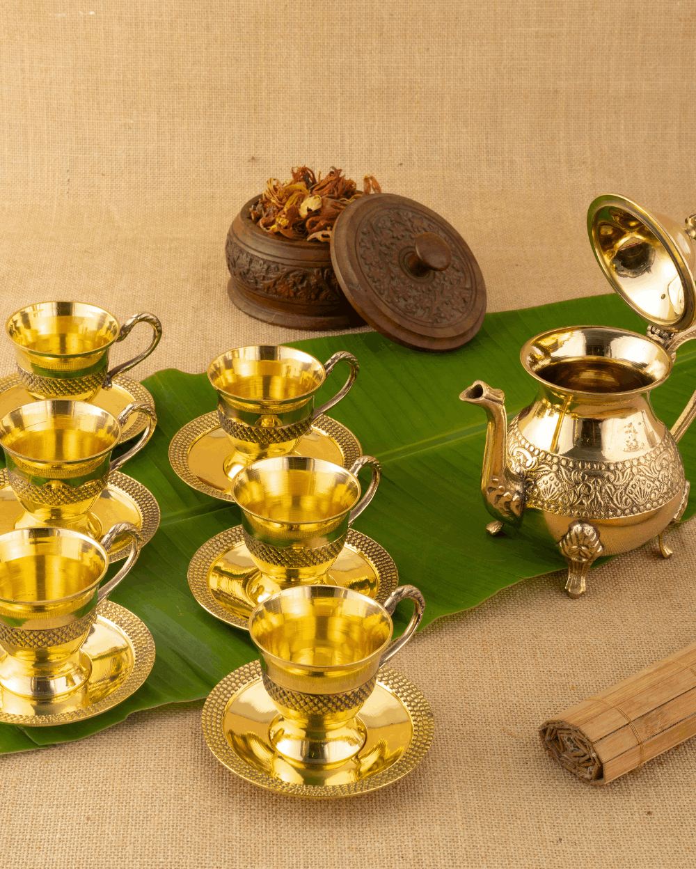 Classic Brass Royal Cup Saucer Set with Kettle