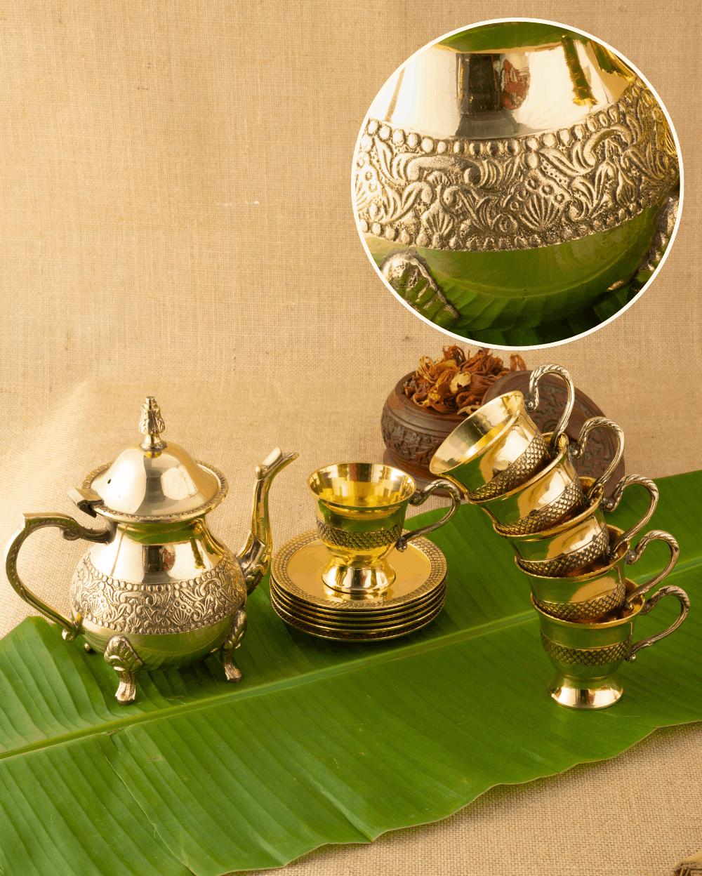 Natural Brass Royal Cup Saucer Set with Kettle