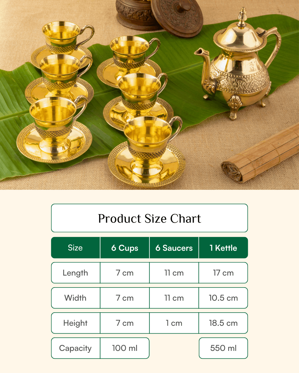 Premium Brass Royal Cup Saucer Set with Kettle