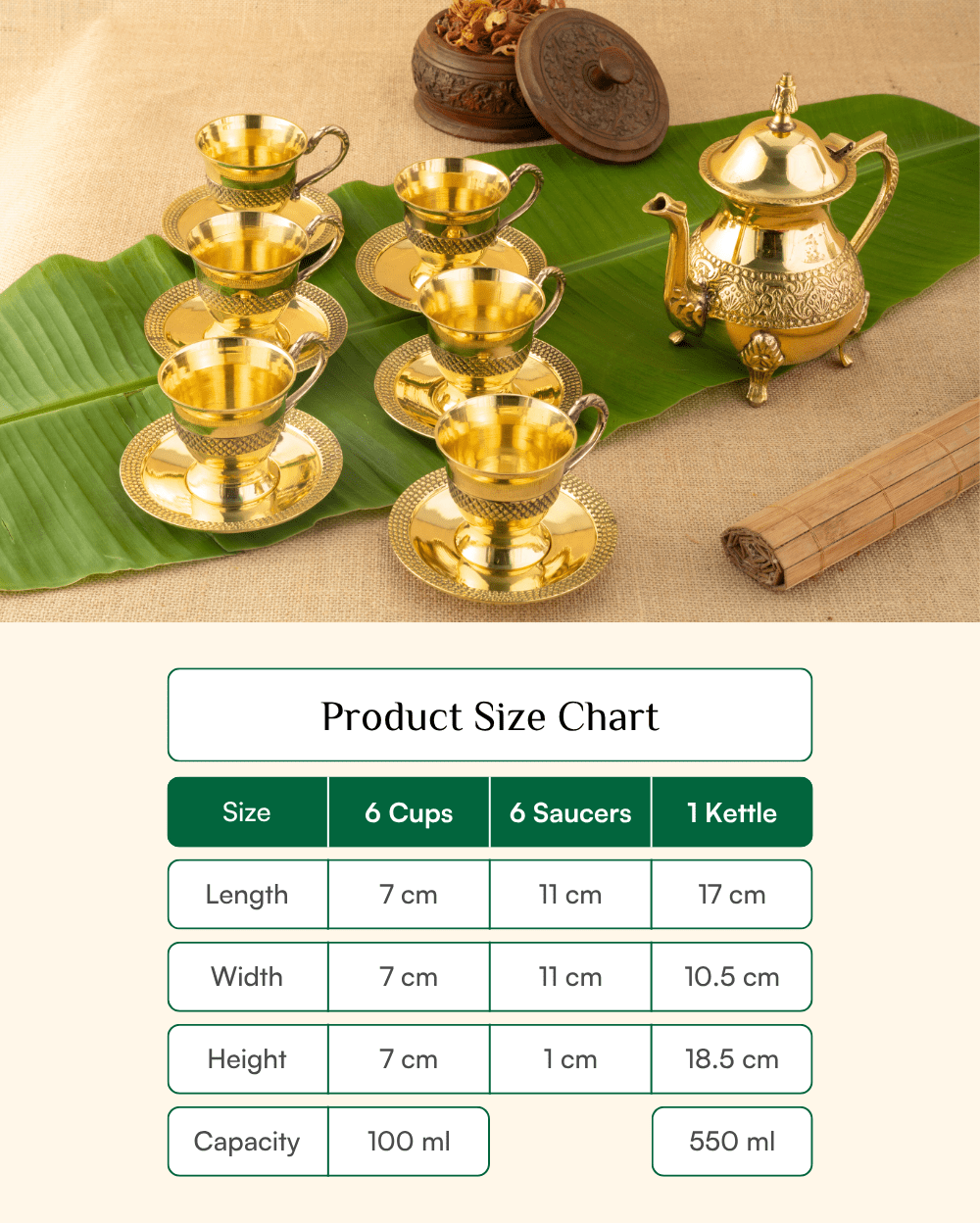 Premium Brass Royal Cup Saucer Set with Kettle