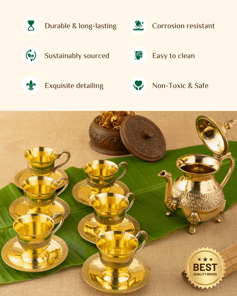 Benefits Of Brass Royal Cup Saucer Set with Kettle