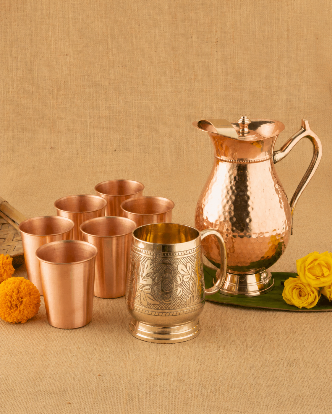 Premium Dining Combo – Copper Maharani Jug with 6 Glasses + Brass Robust Engraved Mug
